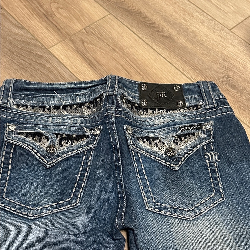 Miss Me Blue Straight Leg Jeans with Embellished Pockets
